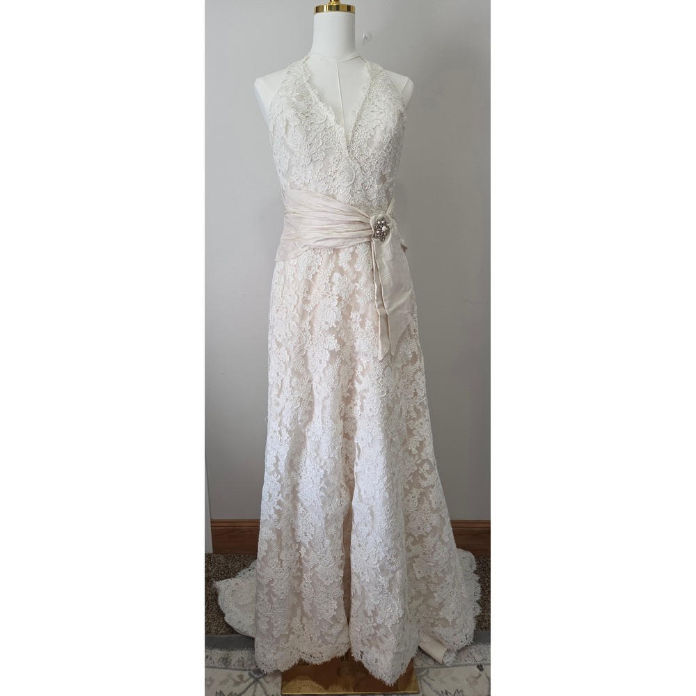 Paloma Blanca Lace Halter Wedding Dress Champagne Brooch Sash Train Size 12